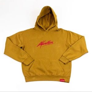 Brown hoodie with the Slogan MARATHON hand written like fast and furious in red